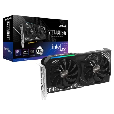 ASRock Intel Arc B580 Challenger 12GB OC – grafická karta s boxom z prednej perspektívy