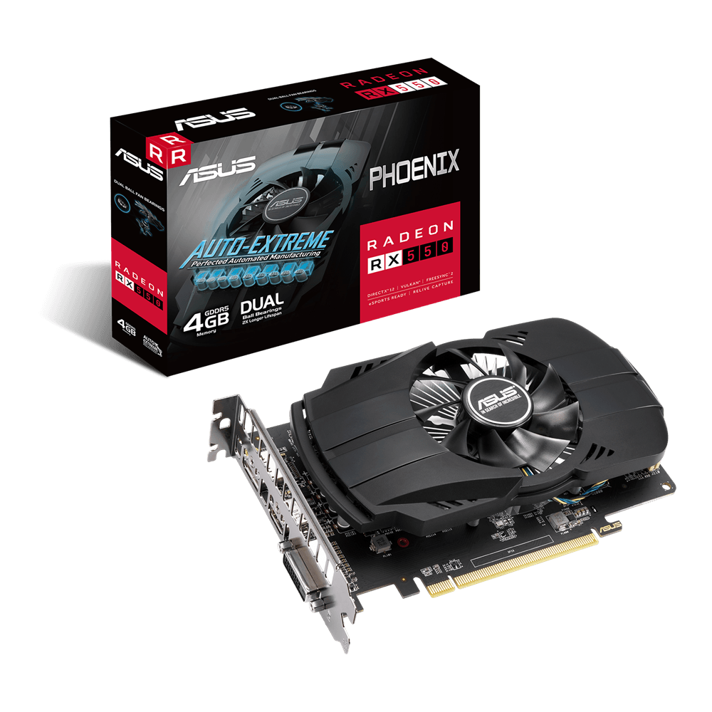 ASUS AMD Radeon RX 550 4 GB – Grafická karta s balením z predného pohľadu ASUS AMD Radeon RX 550 4 GB – Grafická karta s balením z predného pohľadu