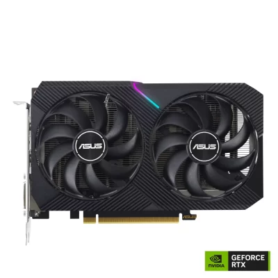 ASUS Dual GeForce RTX 3050 V2 OC Edition 8GB GDDR6 – Pohľad spredu na duálne ventilátory a RGB pásik