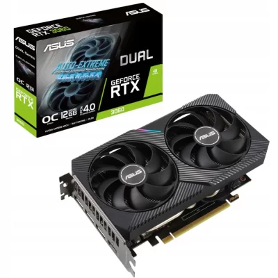 ASUS Dual GeForce RTX 3060 V2 OC Edition 12 GB – Karta pred balením s logami a nápismi