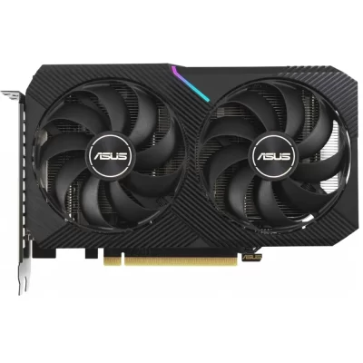ASUS Dual GeForce RTX 3060 V2 OC Edition 12 GB – Predná strana karty s dvoma ventilátormi a RGB detailom