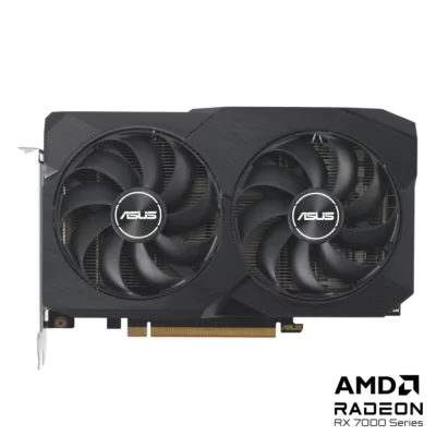 ASUS Dual Radeon RX 7600 V2 OC Edition 8GB GDDR6 – Predný pohľad na grafickú kartu s dvoma ventilátormi