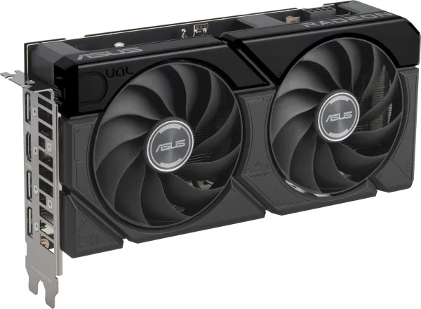 ASUS Dual Radeon RX 7600 XT OC Edition 16GB GDDR6 – bočný pohľad na dizajn karty s dvoma ventilátormi