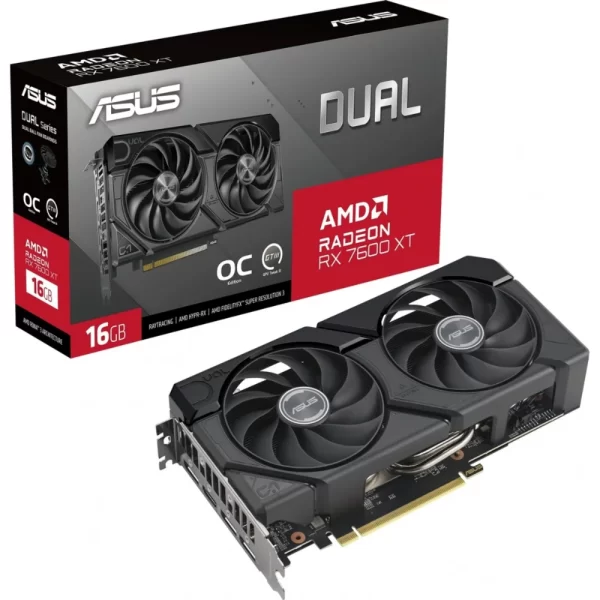 ASUS Dual Radeon RX 7600 XT OC Edition 16GB GDDR6 – kompletný pohľad na grafickú kartu spolu s originálnym balením