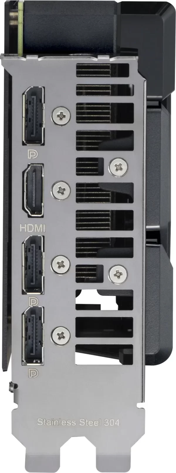 ASUS Dual Radeon RX 7600 XT OC Edition 16GB GDDR6 – detailný pohľad na zadný panel a konektory HDMI a DisplayPort