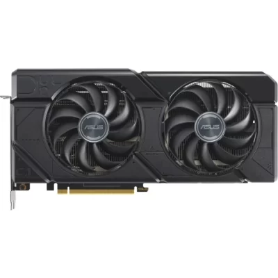 ASUS Dual Radeon RX 7700 XT OC Edition 12GB GDDR6 – Priamy pohľad spredu na grafickú kartu s dvoma ventilátormi