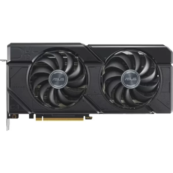 ASUS Dual Radeon RX 7700 XT OC Edition 12GB GDDR6 – Priamy pohľad spredu na grafickú kartu s dvoma ventilátormi