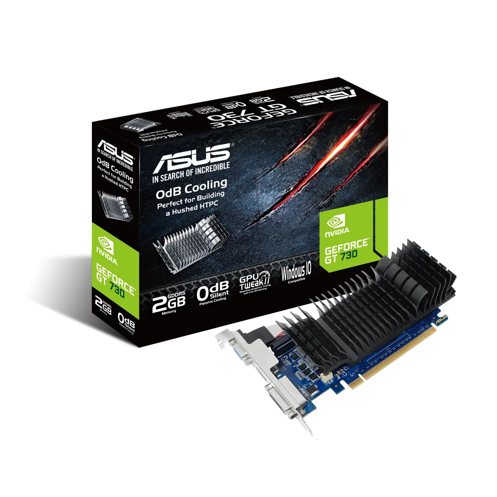ASUS GeForce GT 730 2GB GDDR5 – Balenie s grafickou kartou a označením funkcií ASUS GeForce GT 730 2GB GDDR5 – Balenie s grafickou kartou a označením funkcií