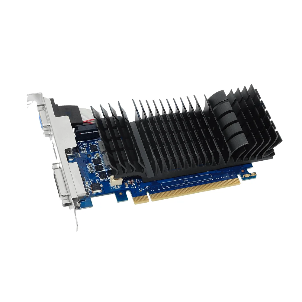 ASUS GeForce GT 730 2GB GDDR5 – Šikmý pohľad na grafickú kartu so zvýrazneným chladičom a PCIe konektorom ASUS GeForce GT 730 2GB GDDR5 – Šikmý pohľad na grafickú kartu so zvýrazneným chladičom a PCIe konektorom