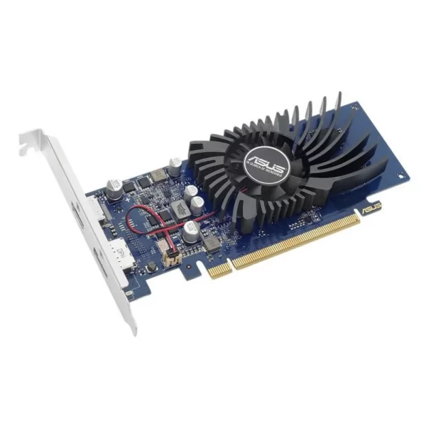 ASUS GeForce GT 1030 2GB GDDR5 – Grafická karta s aktívnym ventilátorom na modrom PCB, viditeľný PCIe konektor a výstupy na zadnom paneli