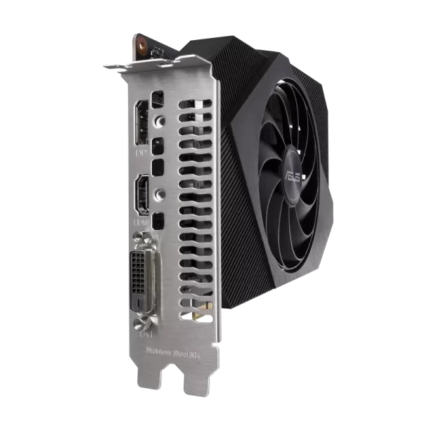 ASUS Phoenix GeForce GTX 1650 OC Edition 4GB GDDR6 V2 – detail výstupov s ventilátorom