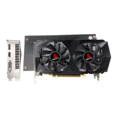 BIOSTAR GeForce GTX1050Ti 4 GB – Predná strana karty s dvoma ventilátormi a výstupmi HDMI, DisplayPort, DVI