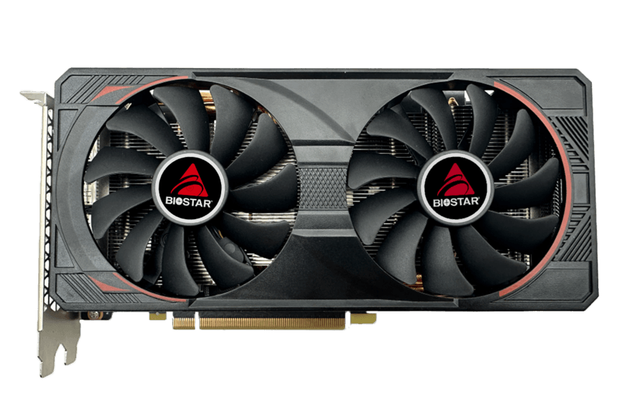 BIOSTAR GeForce RTX 3060Ti 8 GB – Predný pohľad na chladič s dvoma ventilátormi BIOSTAR GeForce RTX 3060Ti 8 GB – Predný pohľad na chladič s dvoma ventilátormi