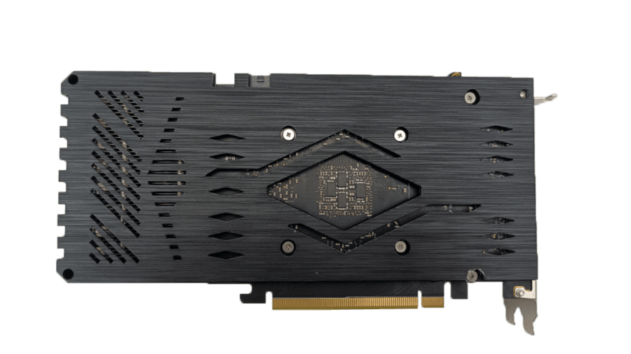 BIOSTAR GeForce RTX 3060Ti 8 GB – Zadná strana grafickej karty s kovovým backplate BIOSTAR GeForce RTX 3060Ti 8 GB – Zadná strana grafickej karty s kovovým backplate