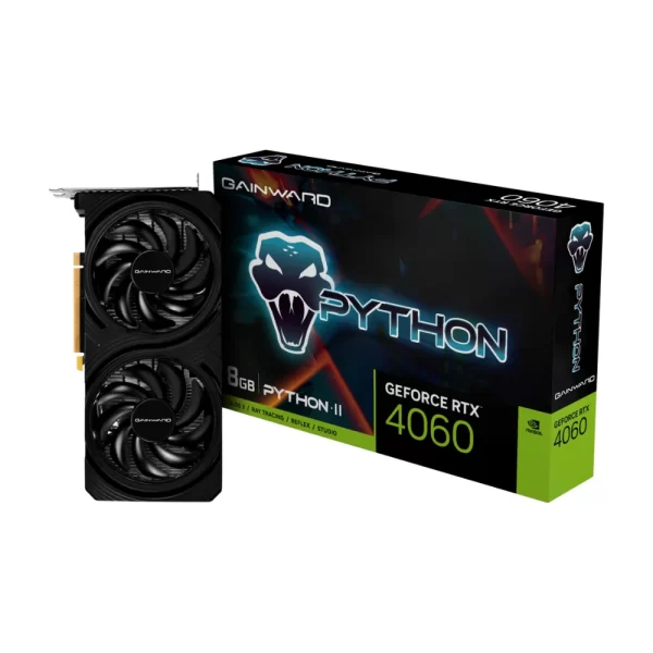 Gainward GeForce RTX 4060 Python II 8 GB – Grafická karta vedľa originálneho balenia s logom Python
