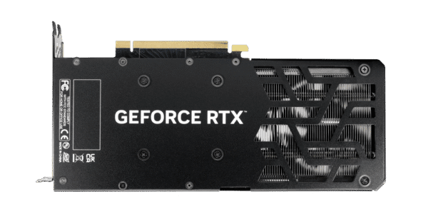 Gainward GeForce RTX 4060 Ti Panther 16GB – Pohľad na zadnú stranu karty s chladiacim plátom a nápisom GeForce RTX