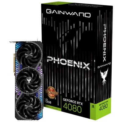 Gainward GeForce RTX 4080 Phoenix GS 16 GB – Karta pred krabicou s logom Phoenix a nápisom Gainward