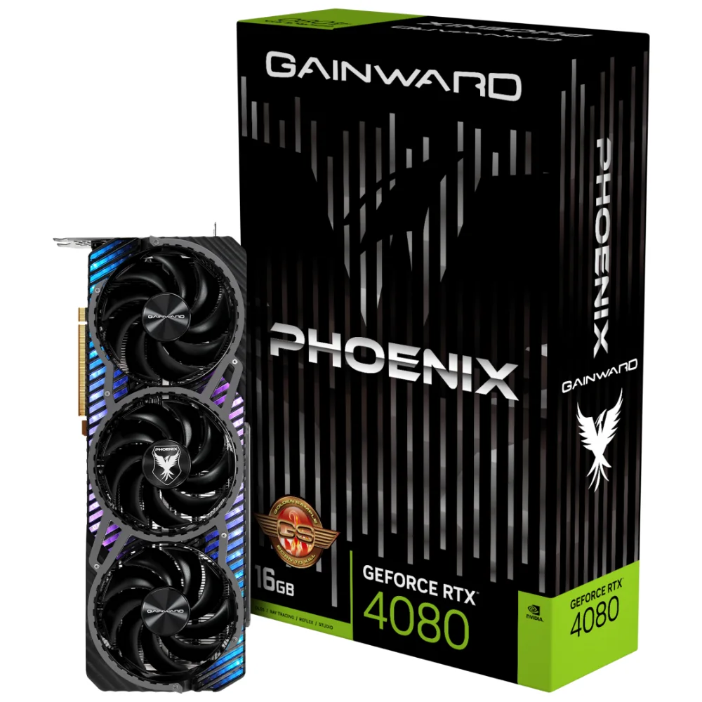 Gainward GeForce RTX 4080 Phoenix GS 16 GB – Karta pred krabicou s logom Phoenix a nápisom Gainward Gainward GeForce RTX 4080 Phoenix GS 16 GB – Karta pred krabicou s logom Phoenix a nápisom Gainward