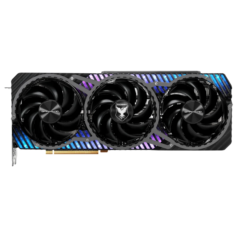 Gainward GeForce RTX 4080 Phoenix GS 16 GB – Predná strana s tromi ventilátormi a RGB osvetlením Gainward GeForce RTX 4080 Phoenix GS 16 GB – Predná strana s tromi ventilátormi a RGB osvetlením