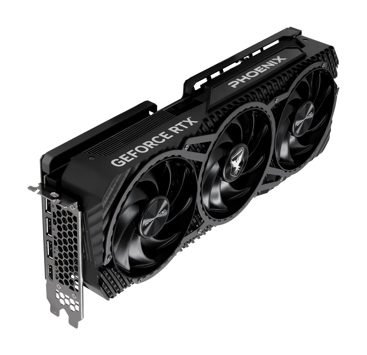 Gainward GeForce RTX 4080 Phoenix GS 16 GB – Šikmý pohľad na kartu s tromi ventilátormi a nápisom Phoenix Gainward GeForce RTX 4080 Phoenix GS 16 GB – Šikmý pohľad na kartu s tromi ventilátormi a nápisom Phoenix