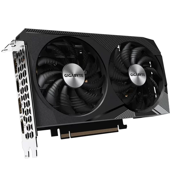 GIGABYTE GeForce RTX 3060 GAMING OC 8G – Šikmý pohľad na grafickú kartu s dvoma ventilátormi