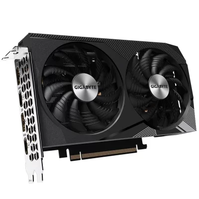 GIGABYTE GeForce RTX 3060 WINDFORCE OC 12G – Šikmý pohľad na kartu s dvoma ventilátormi