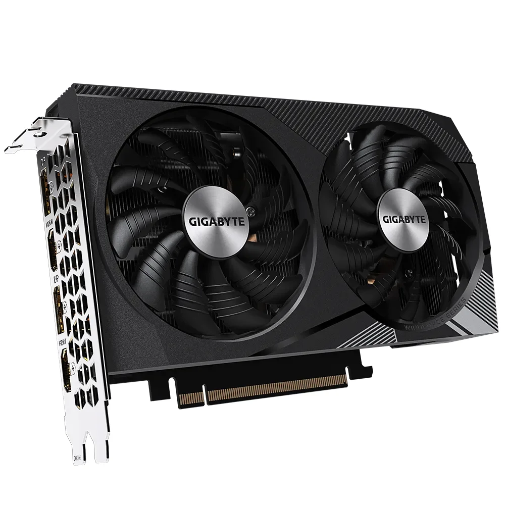 GIGABYTE GeForce RTX 3060 WINDFORCE OC 12G – Šikmý pohľad na kartu s dvoma ventilátormi GIGABYTE GeForce RTX 3060 WINDFORCE OC 12G – Šikmý pohľad na kartu s dvoma ventilátormi