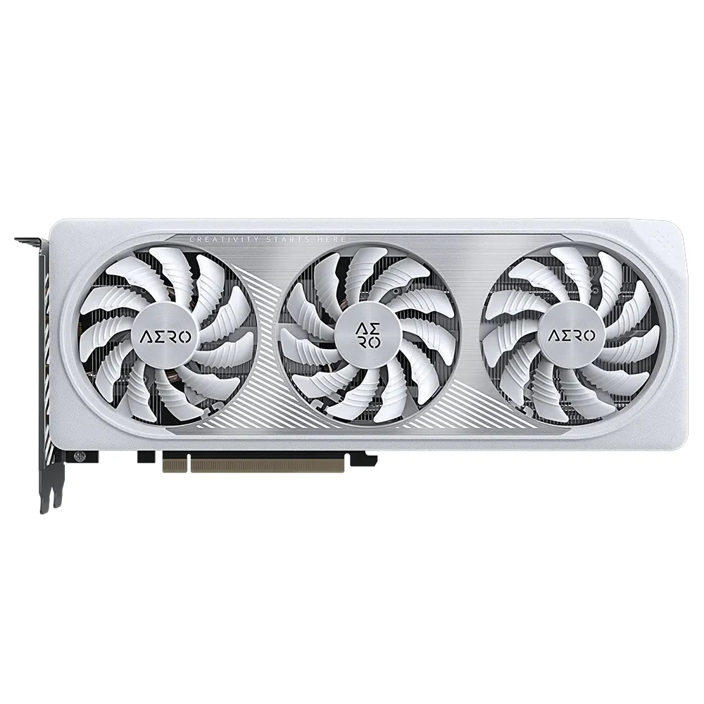 GIGABYTE GeForce RTX 4060 AERO OC 8G – Priamy pohľad na prednú stranu karty s troma bielymi ventilátormi GIGABYTE GeForce RTX 4060 AERO OC 8G – Priamy pohľad na prednú stranu karty s troma bielymi ventilátormi