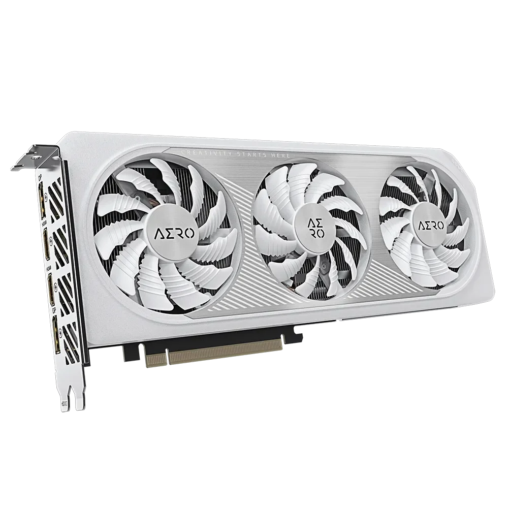 GIGABYTE GeForce RTX 4060 AERO OC 8G – Šikmý pohľad na bielu grafickú kartu s troma ventilátormi GIGABYTE GeForce RTX 4060 AERO OC 8G – Šikmý pohľad na bielu grafickú kartu s troma ventilátormi