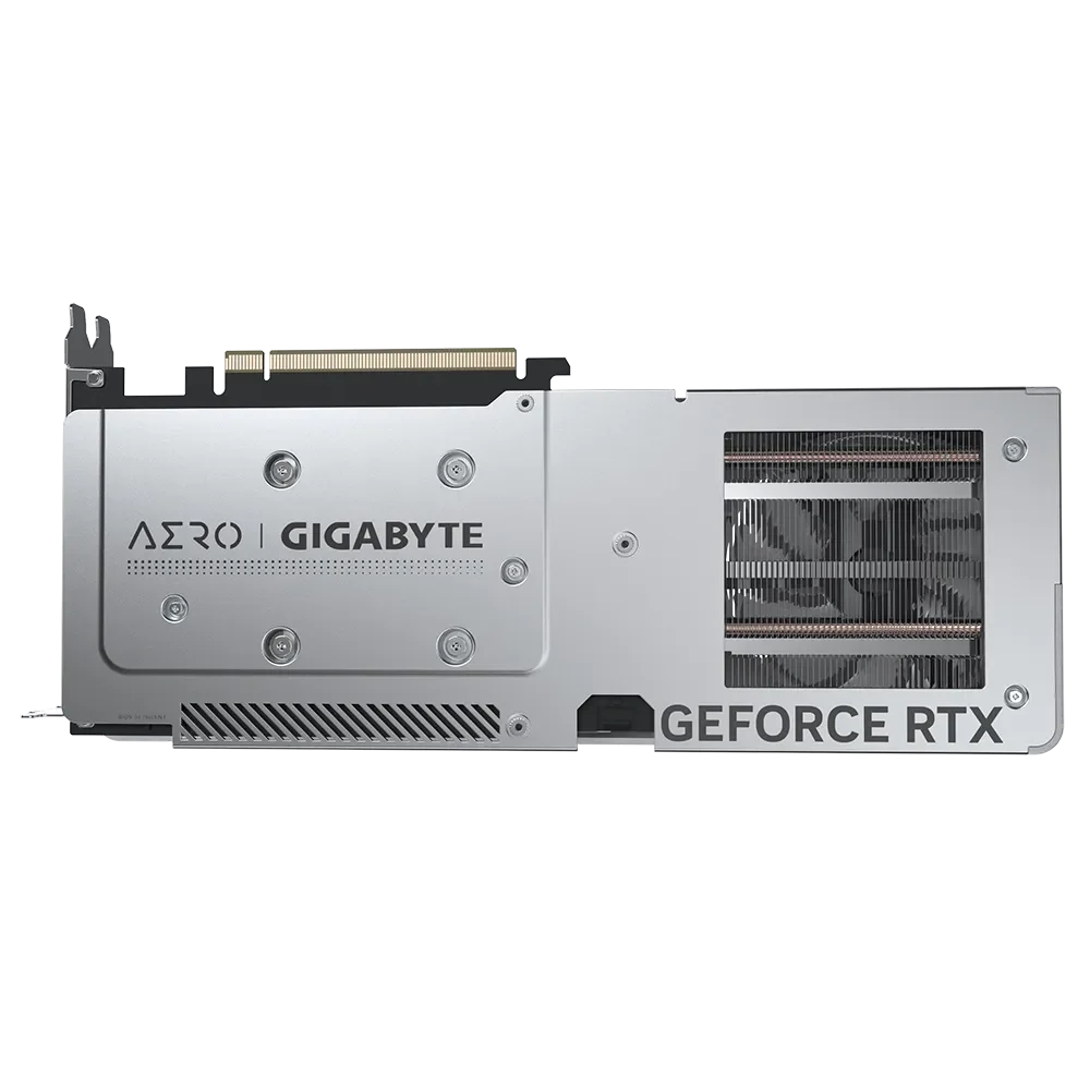 GIGABYTE GeForce RTX 4060 AERO OC 8G – Zadná strana karty s backplate a logom Aero a Gigabyte GIGABYTE GeForce RTX 4060 AERO OC 8G – Zadná strana karty s backplate a logom Aero a Gigabyte
