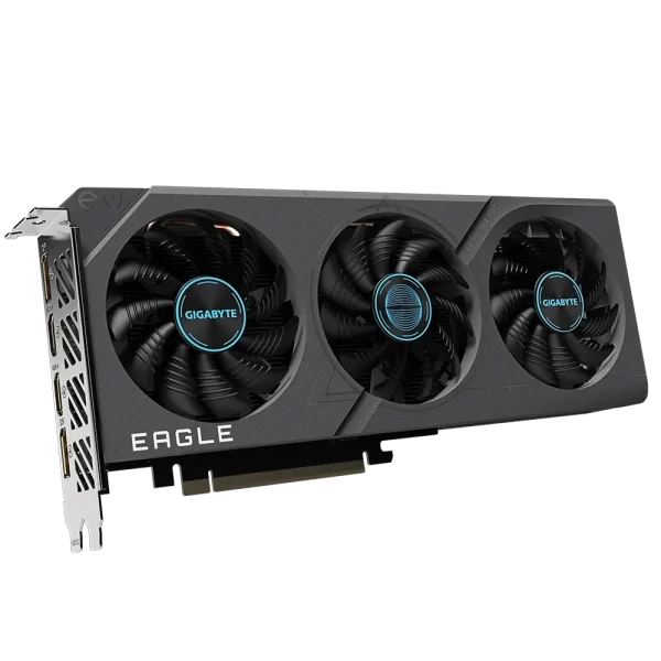 GIGABYTE GeForce RTX 4060 EAGLE OC 8G – Šikmý pohľad na kartu s troma ventilátormi
