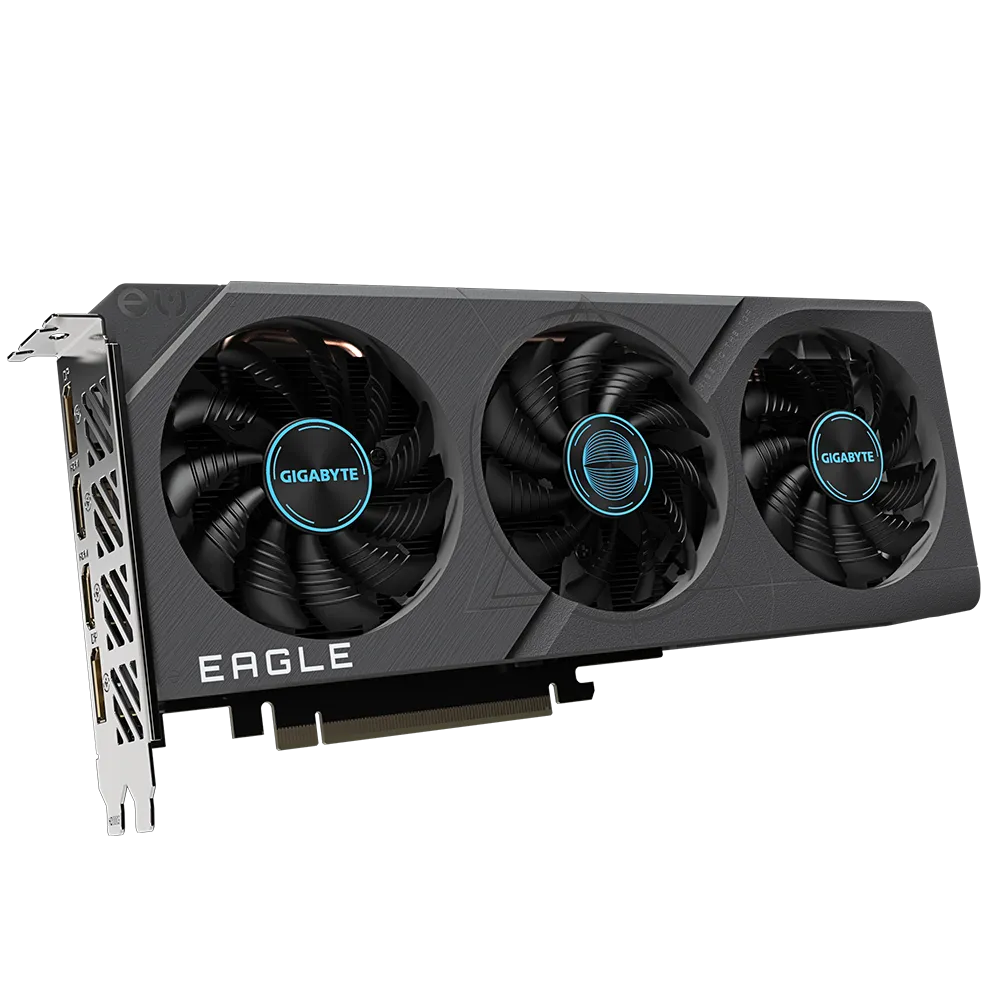 GIGABYTE GeForce RTX 4060 EAGLE OC 8G – Šikmý pohľad na kartu s troma ventilátormi GIGABYTE GeForce RTX 4060 EAGLE OC 8G – Šikmý pohľad na kartu s troma ventilátormi