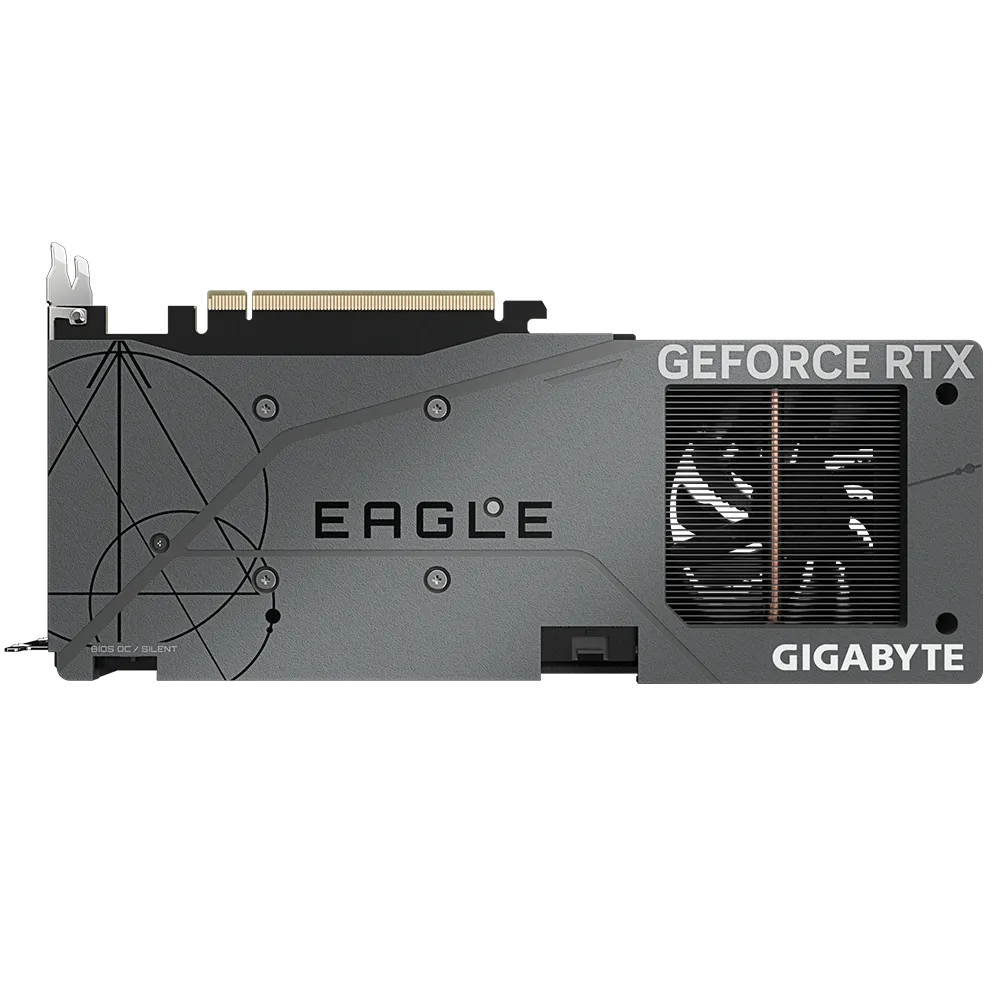GIGABYTE GeForce RTX 4060 EAGLE OC 8G – Zadný pohľad na backplate s nápisom EAGLE GIGABYTE GeForce RTX 4060 EAGLE OC 8G – Zadný pohľad na backplate s nápisom EAGLE