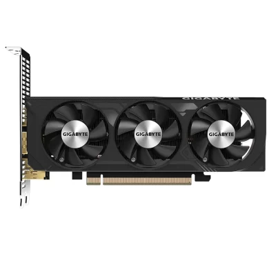 GIGABYTE GeForce RTX 4060 OC Low Profile 8G – Predný pohľad na chladiaci systém s logom GIGABYTE
