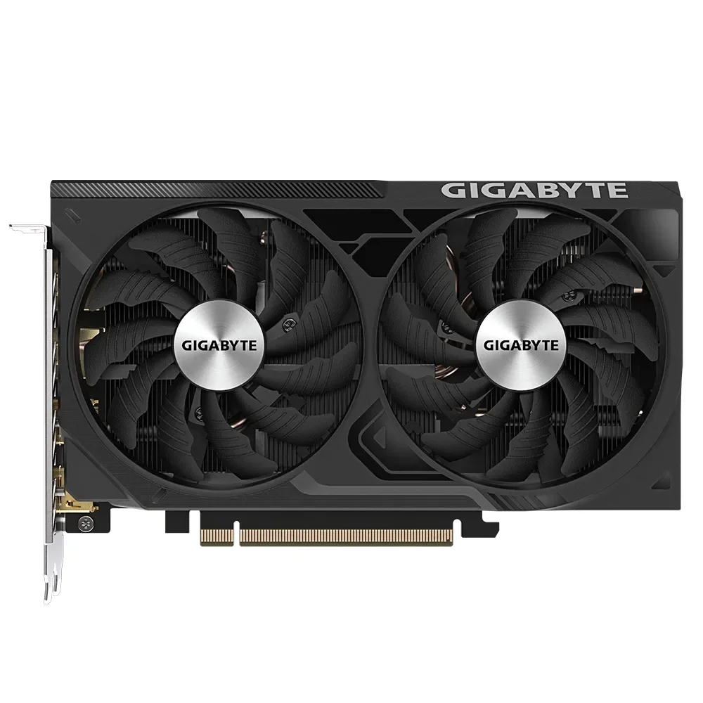 GIGABYTE GeForce RTX 4060 Ti WINDFORCE OC 8G – Predná strana karty s dvoma ventilátormi GIGABYTE GeForce RTX 4060 Ti WINDFORCE OC 8G – Predná strana karty s dvoma ventilátormi