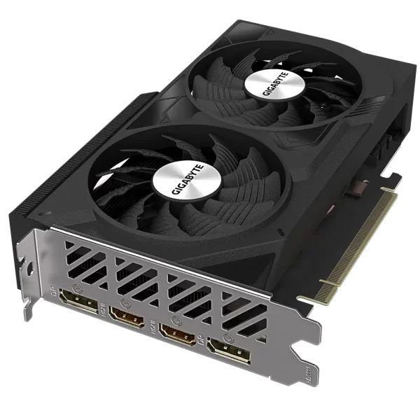 GIGABYTE GeForce RTX 4060 WINDFORCE OC 8G – Šikmý pohľad na grafickú kartu s dvoma ventilátormi a výstupmi