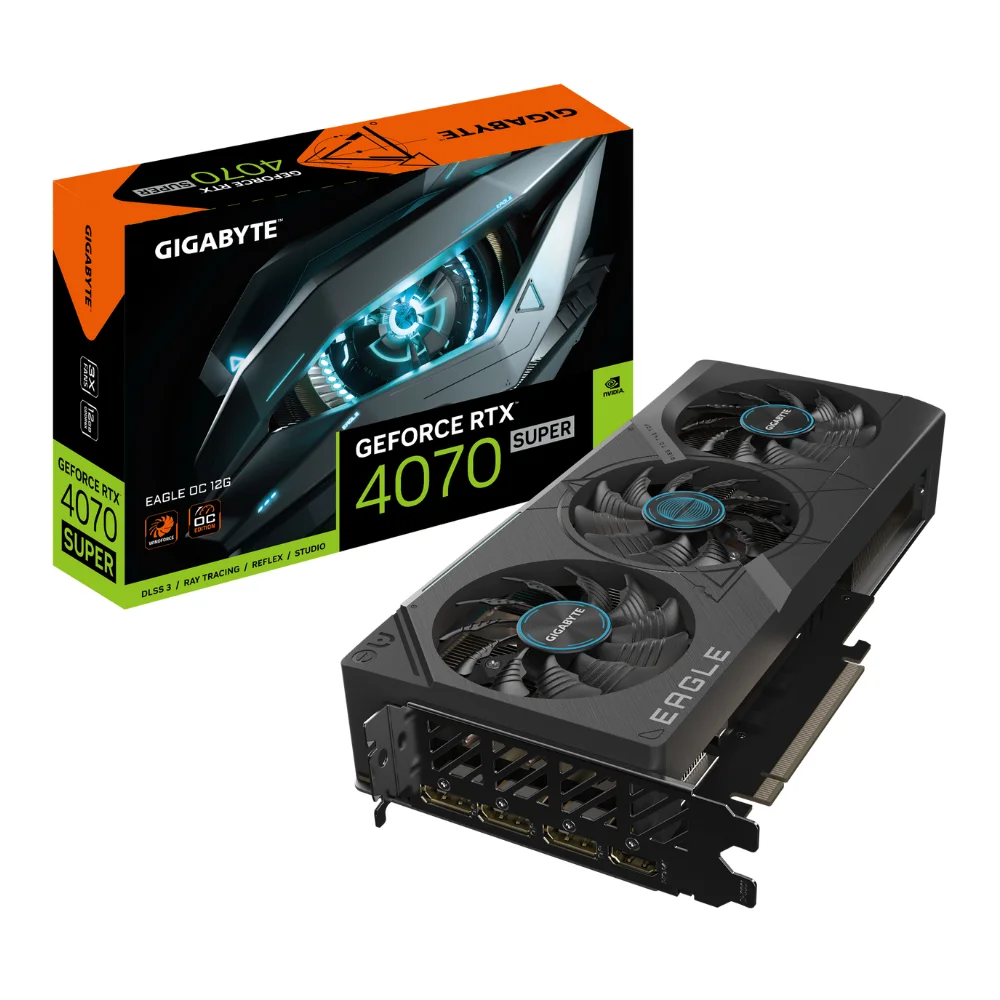 Gigabyte GeForce RTX 4070 SUPER EAGLE OC 12G – Balenie a grafická karta s trojitým ventilátorom Gigabyte GeForce RTX 4070 SUPER EAGLE OC 12G – Balenie a grafická karta s trojitým ventilátorom