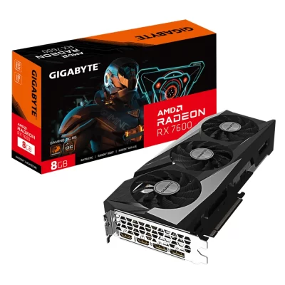 Gigabyte Radeon RX 7600 GAMING OC 8G – celkový pohľad s krabicou produktu