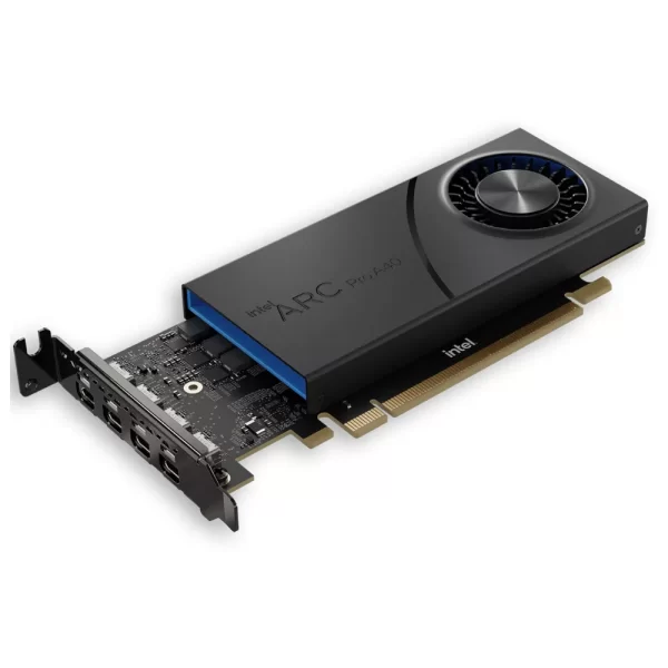 HP Intel Arc Pro A40 6 GB – Grafická karta z perspektívy zobrazujúcej konektory mDP