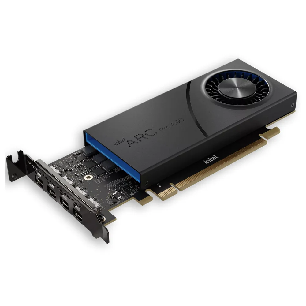 HP Intel Arc Pro A40 6 GB – Grafická karta z perspektívy zobrazujúcej konektory mDP HP Intel Arc Pro A40 6 GB – Grafická karta z perspektívy zobrazujúcej konektory mDP