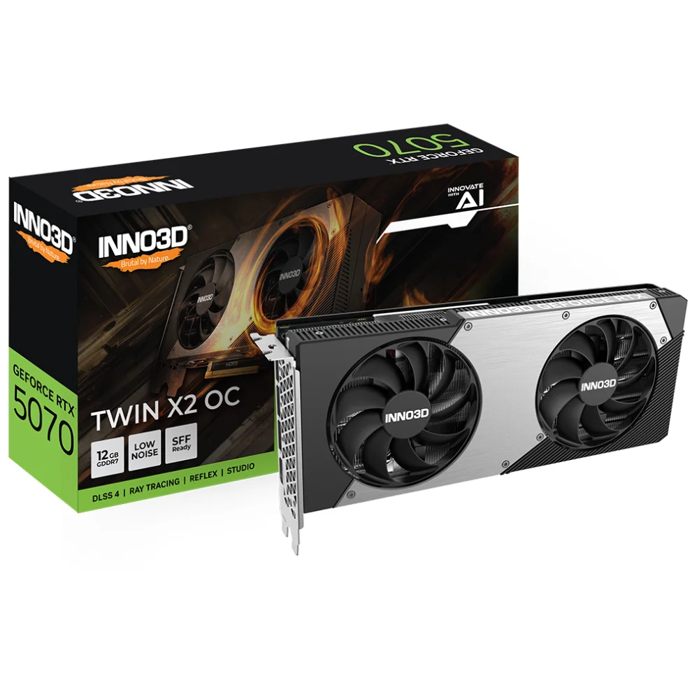 INNO3D GeForce RTX 5070 TWIN X2 OC 12 GB – Grafická karta s dvoma ventilátormi a krabicou produktu INNO3D GeForce RTX 5070 TWIN X2 OC 12 GB – Grafická karta s dvoma ventilátormi a krabicou produktu