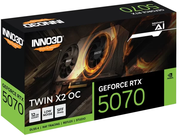 INNO3D GeForce RTX 5070 TWIN X2 OC 12 GB – Krabica produktu s logami a popismi technológií