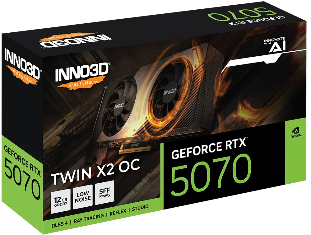 INNO3D GeForce RTX 5070 TWIN X2 OC 12 GB – Krabica produktu s logami a popismi technológií INNO3D GeForce RTX 5070 TWIN X2 OC 12 GB – Krabica produktu s logami a popismi technológií