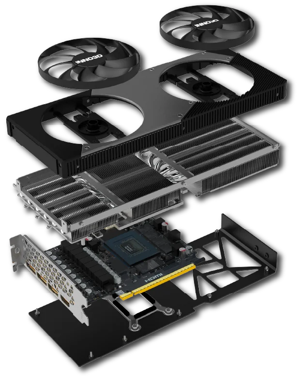 INNO3D GeForce RTX 5070 TWIN X2 OC 12 GB – Rozobrana grafická karta na jednotlivé komponenty INNO3D GeForce RTX 5070 TWIN X2 OC 12 GB – Rozobrana grafická karta na jednotlivé komponenty