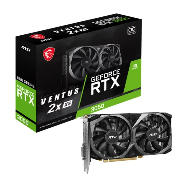 MSI GeForce RTX 3050 VENTUS 2X XS 8G OC – Produktový obrázok grafickej karty s krabicou a kartou vpredu