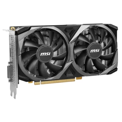 MSI GeForce RTX 3050 VENTUS 2X XS 8G OC – Predný pohľad na grafickú kartu s dvoma ventilátormi