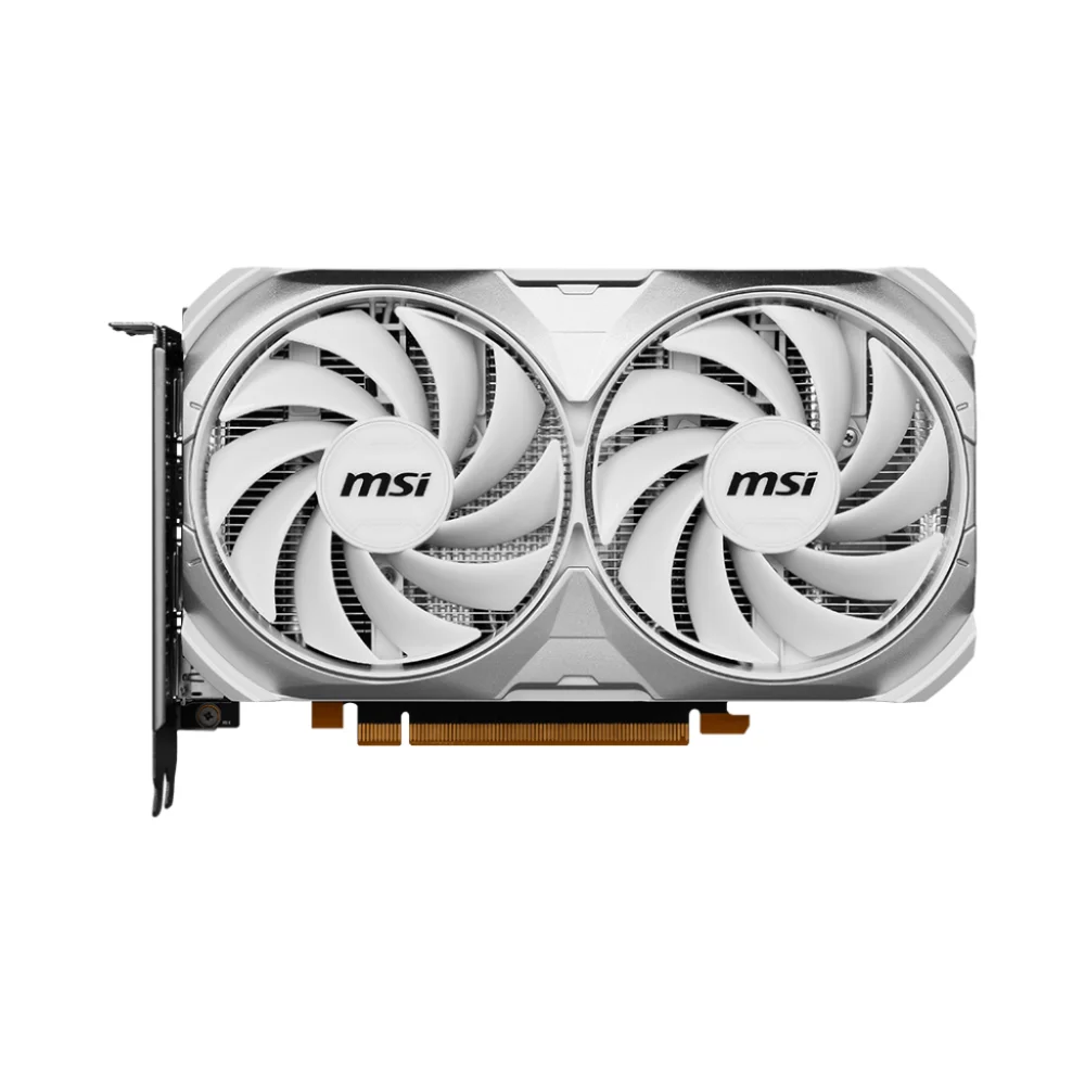 MSI GeForce RTX 4060 VENTUS 2X WHITE 8G OC – Predný pohľad na grafickú kartu s dvojicou ventilátorov MSI GeForce RTX 4060 VENTUS 2X WHITE 8G OC – Predný pohľad na grafickú kartu s dvojicou ventilátorov
