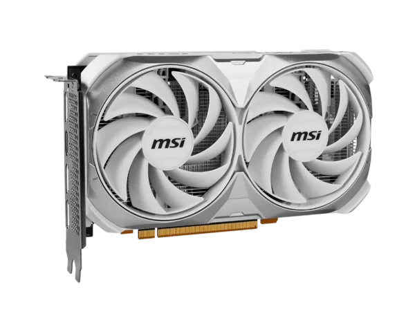 MSI GeForce RTX 4060 VENTUS 2X WHITE 8G OC – Šikmý pohľad na grafickú kartu s ventilátormi