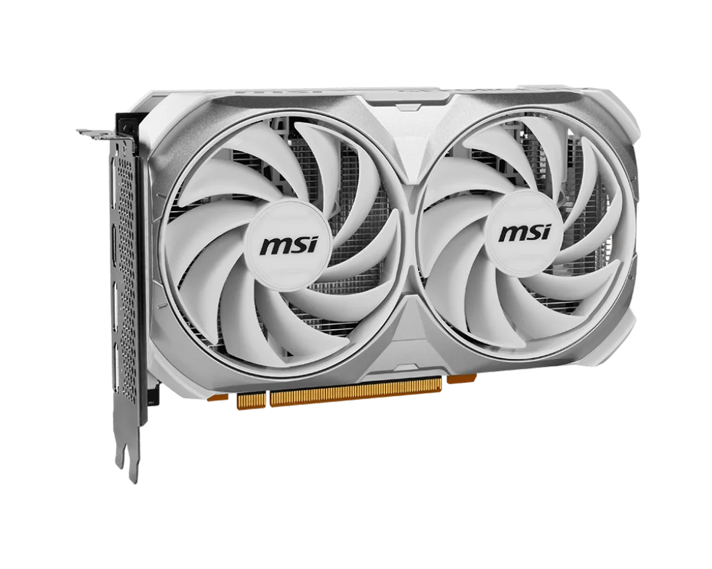 MSI GeForce RTX 4060 VENTUS 2X WHITE 8G OC – Šikmý pohľad na grafickú kartu s ventilátormi MSI GeForce RTX 4060 VENTUS 2X WHITE 8G OC – Šikmý pohľad na grafickú kartu s ventilátormi