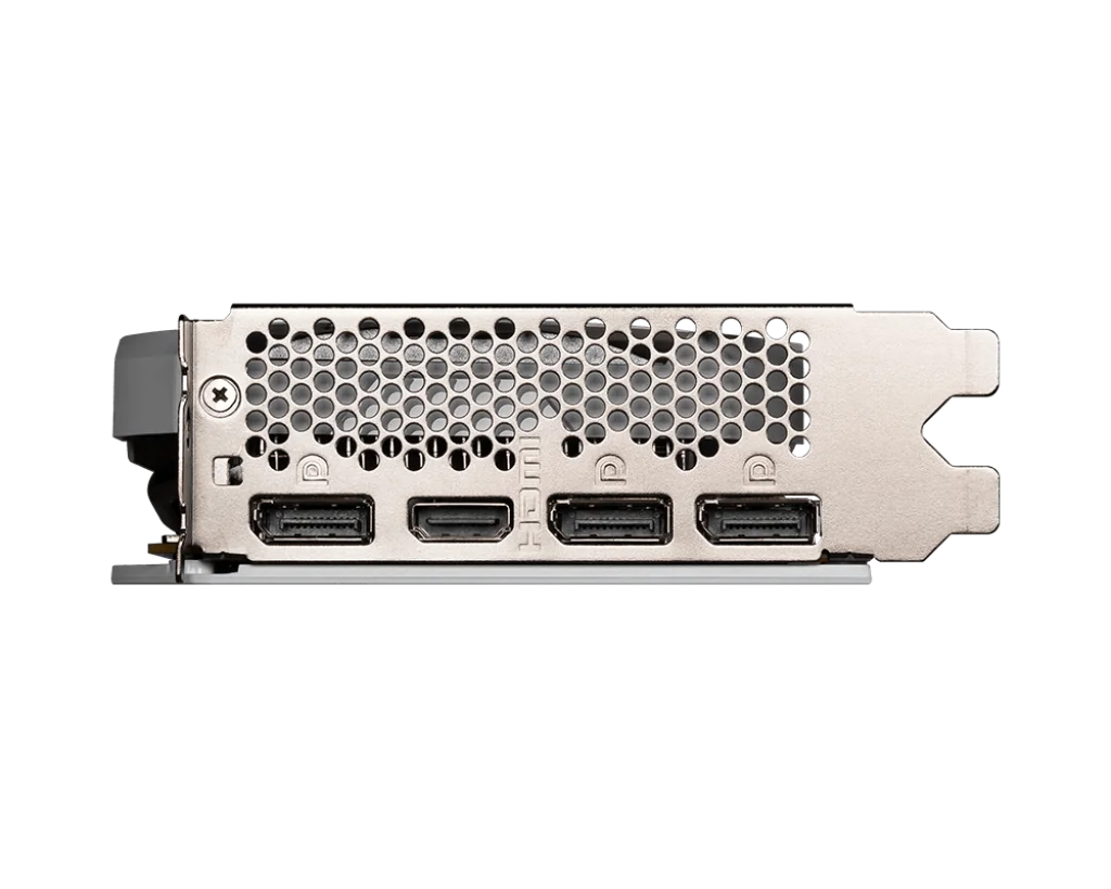 MSI GeForce RTX 4060 VENTUS 2X WHITE 8G OC – Zadný panel grafickej karty s výstupmi DisplayPort a HDMI MSI GeForce RTX 4060 VENTUS 2X WHITE 8G OC – Zadný panel grafickej karty s výstupmi DisplayPort a HDMI